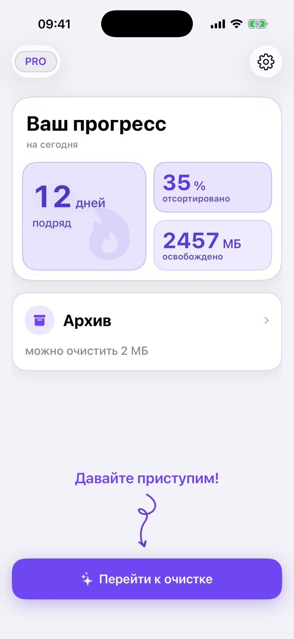Прогресс: дни подряд, % разобрано, МБ освобождено