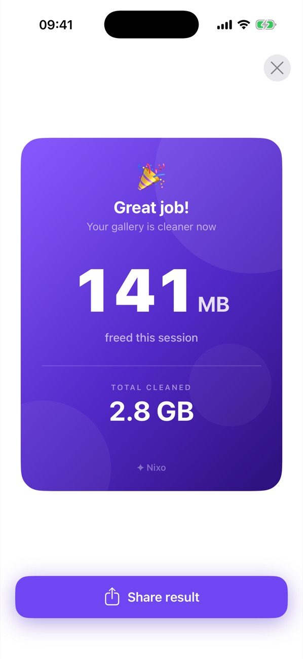 Session result — and total space cleaned