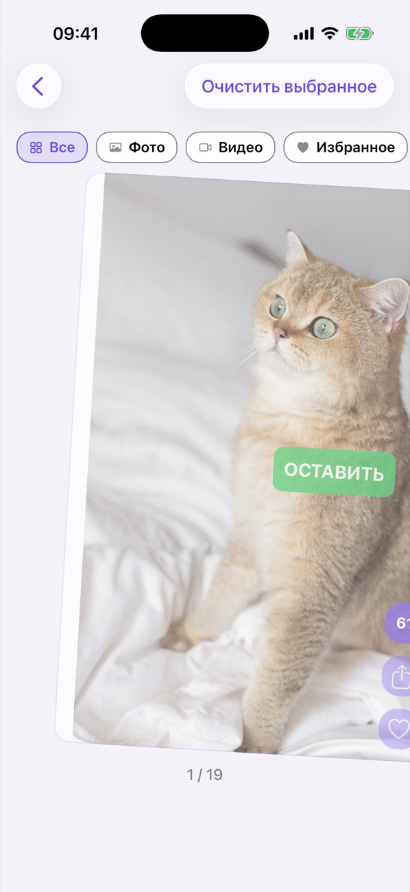 Экран Nixo: фото из галереи, свайп влево — удалить, вправо — оставить