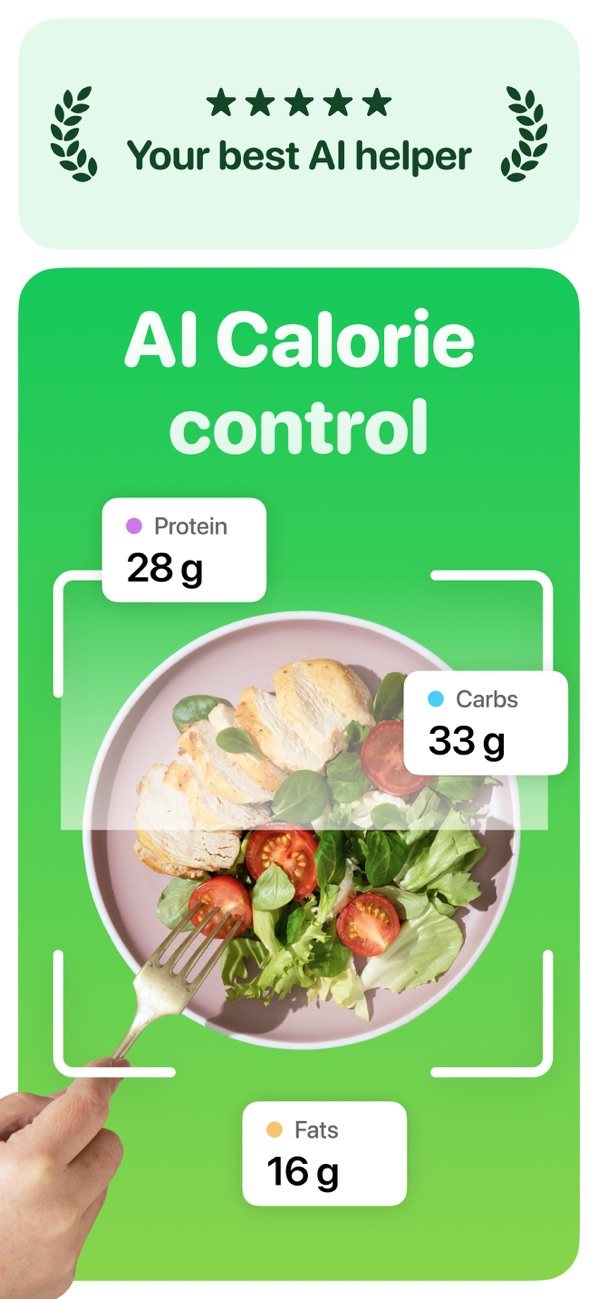 Temfy Nutri 截图:一盘餐食的照片,AI 估算出卡路里、蛋白质、脂肪和碳水